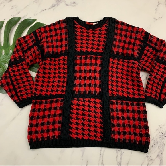 Vintage red and black houndstooth plaid cable knit trim pullover chunky sweater - Picture 1 of 11